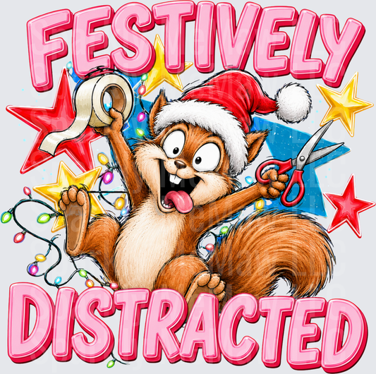 Festively Distracted Crazy Squirrel Santa Hat Christmas Lights Scissors uv dtf decal
