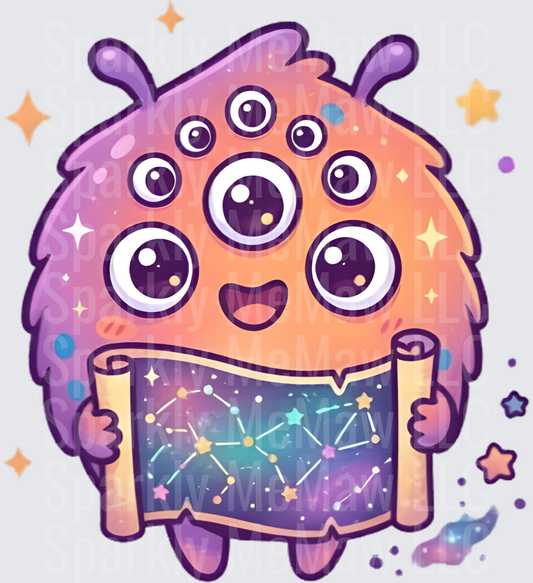 Cute Multi-Eyed Monster Holding Constellation Star Map UV DTF Decal