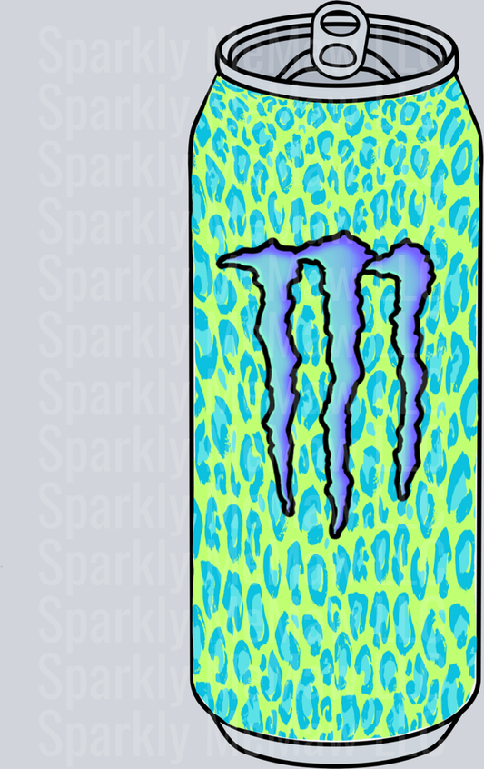 Monster Energy Can with Blue Leopard Print Pattern UV DTF Decal