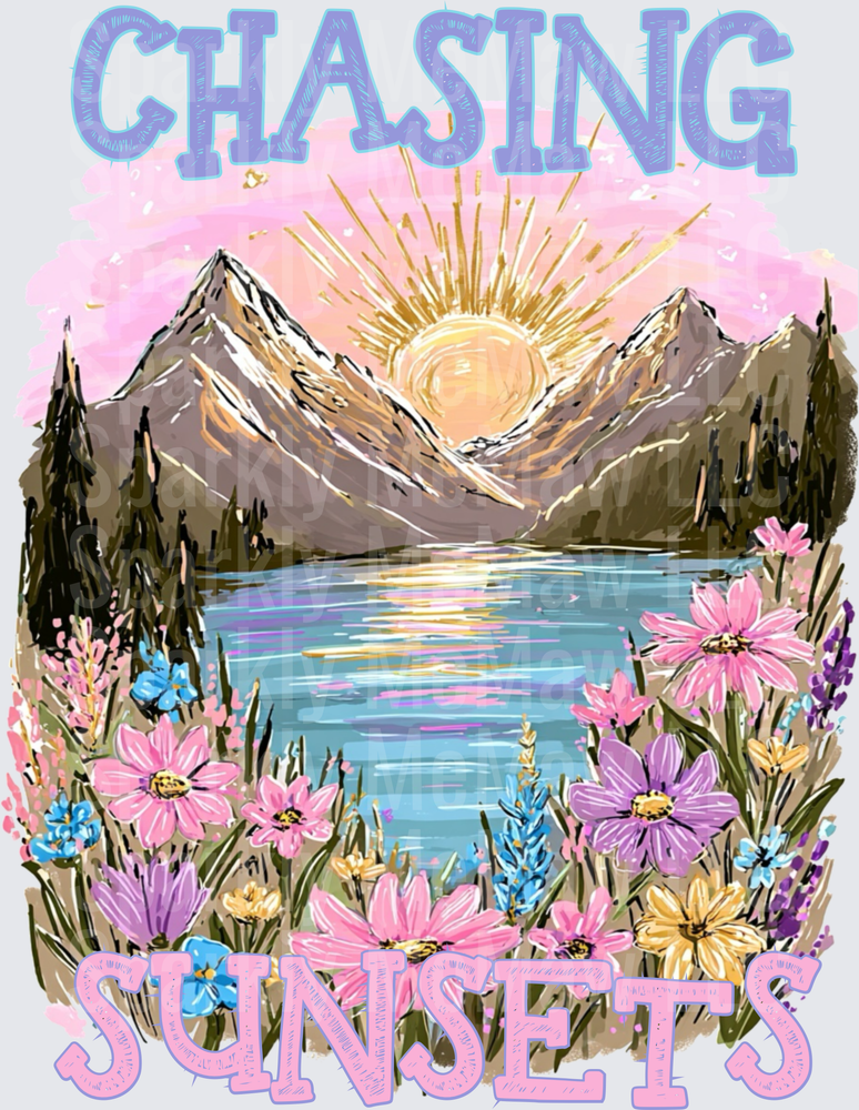 Chasing Sunsets Mountain Lake Wildflower Scenic Sunset DTF Transfer (fabrics)