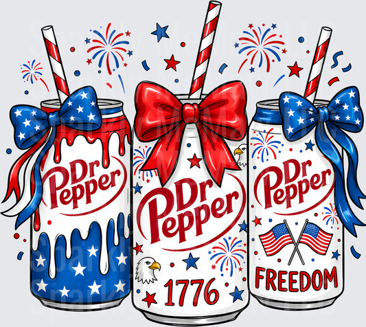 Dr Pepper Patriotic 4th of July Freedom 1776 Red White Blue Cans with Bows Fireworks UV DTF Decal