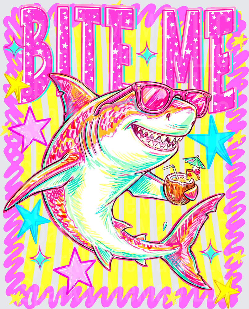 Bite Me Sassy Shark Wearing Sunglasses Holding Tropical Coconut Drink Neon Pop Art DTF Transfer for Fabrics