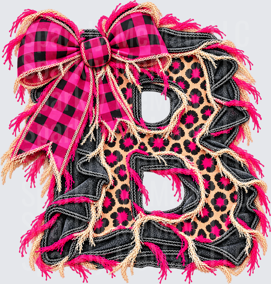 Letter B Pink Leopard Buffalo Plaid Bow Wreath DTF Transfer for Fabrics