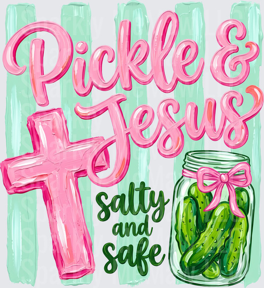 Pickle and Jesus Salty and Safe Pink Cross Mason Jar UV DTF Decal