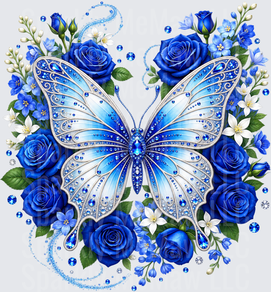 Jeweled Blue Butterfly Roses DTF Transfer for Fabrics