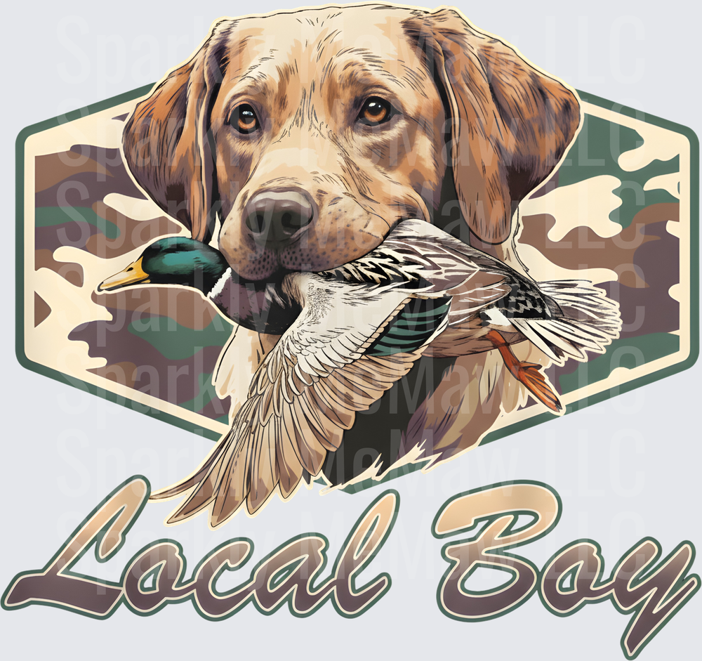Yellow Labrador Retriever Holding Mallard Duck Camo Hexagon Local Boy uv dtf decal