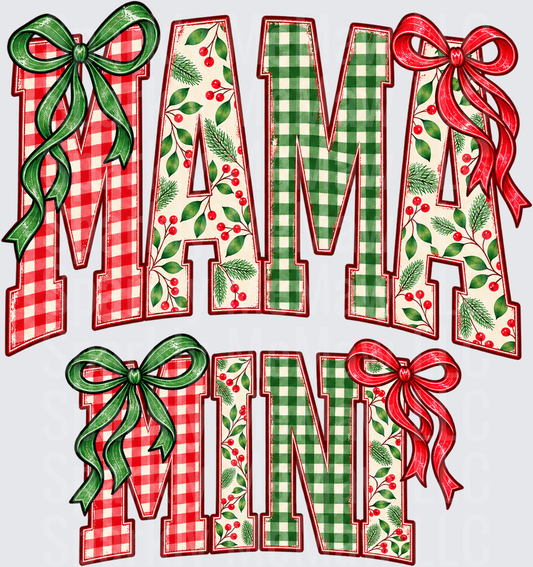 Mama Mini Christmas Plaid Bows DTF Transfer for Fabrics