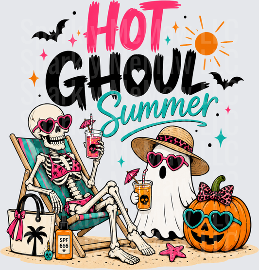 Hot Ghoul Summer Halloween Beach Scene with Skeleton and Ghost in Sunglasses DTF Transfer for Fabric