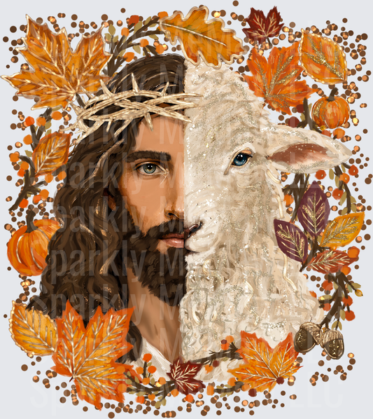 Jesus Christ Crown of Thorns Lamb of God Split Face Autumn Fall Leaves Pumpkins Acorns DTF Transfer (Fabrics)