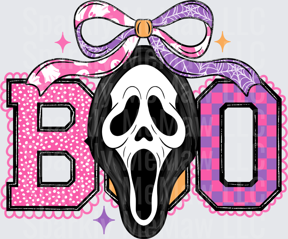 Girly BOO Scream Ghostface Mask with Pink Purple Bow Halloween DTF Transfer