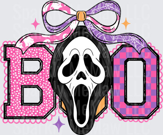 Girly BOO Scream Ghostface Mask with Pink Purple Bow Halloween DTF Transfer