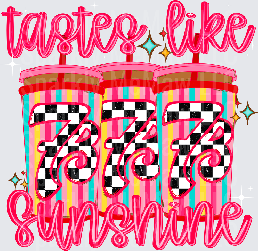 Tastes Like Sunshine DTF Transfer for Fabric - Colorful Striped Drink Cups with Checkered Hearts and Pink Script Lettering