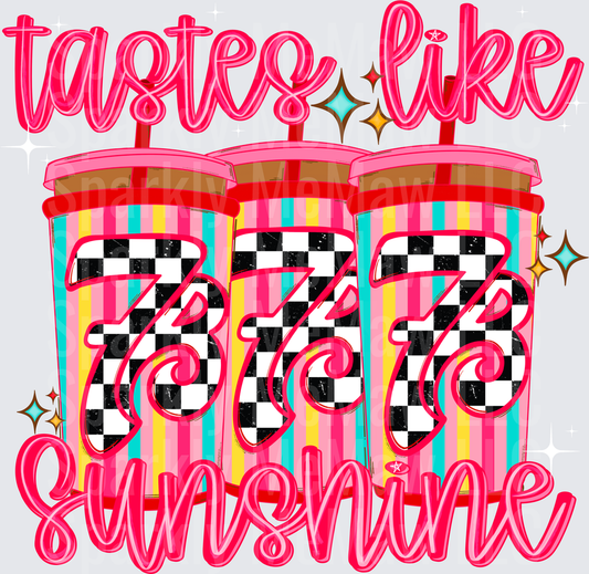 Tastes Like Sunshine DTF Transfer for Fabric - Colorful Striped Drink Cups with Checkered Hearts and Pink Script Lettering