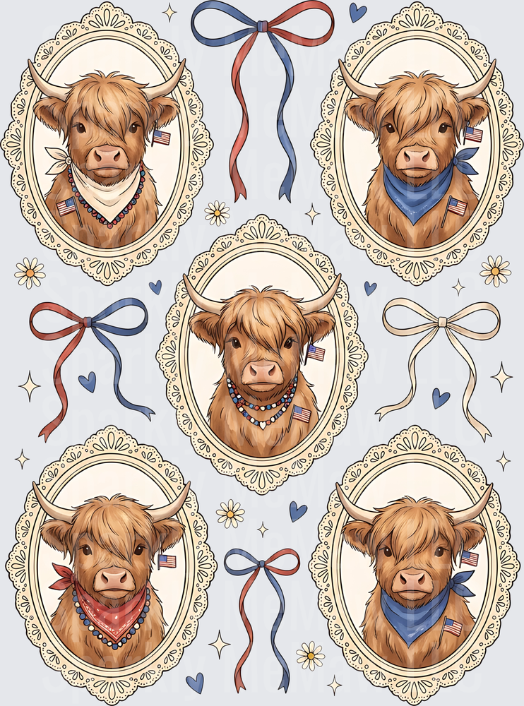 Patriotic Highland Cow Portraits in Vintage Frames with American Flag Bandanas UV DTF Decal