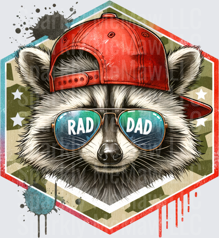 Rad Dad Cool Raccoon with Red Baseball Cap and Aviator Sunglasses - This is a UV DTF Decal