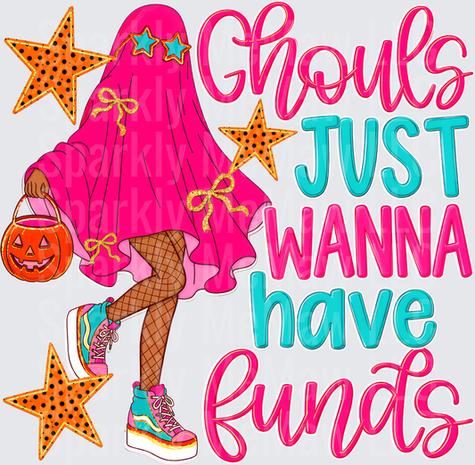 Ghouls Just Wanna Have Funds Trendy Pink Ghost Halloween Costume Girl with Pumpkin Bucket DTF Transfer for Fabrics