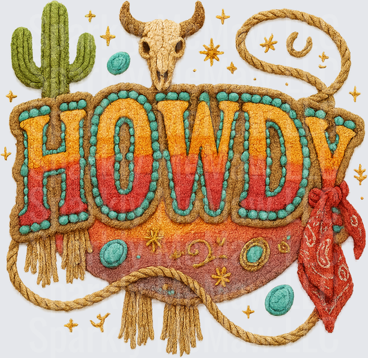Howdy Western Embroidered Style UV DTF Decal with Bull Skull Cactus Lasso Turquoise Beads and Red Bandana Boho Cowboy Design