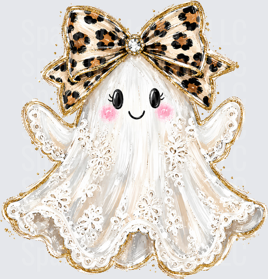 Cute Girly Ghost with Leopard Print Bow and Lace Trim Gold Glitter Halloween UV DTF Decal