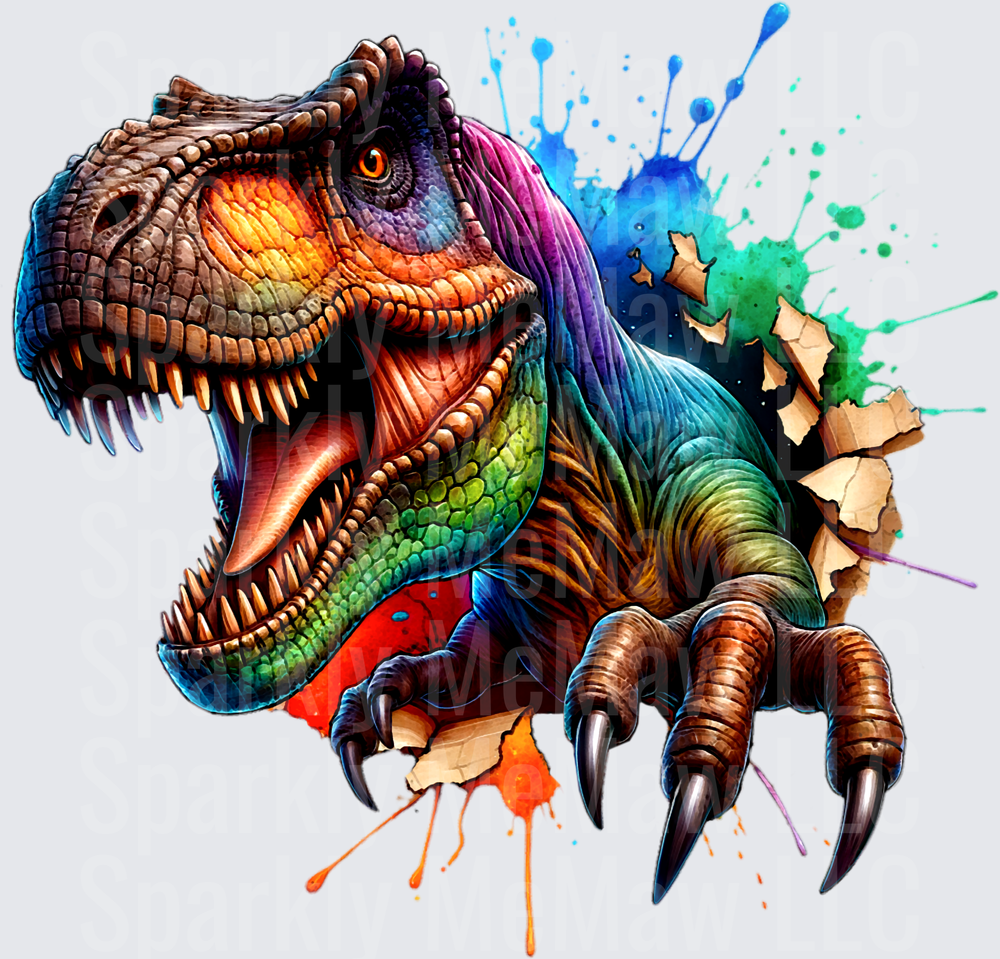Colorful T-Rex Dinosaur Head with Rainbow Watercolor Splash Effects UV DTF Decal