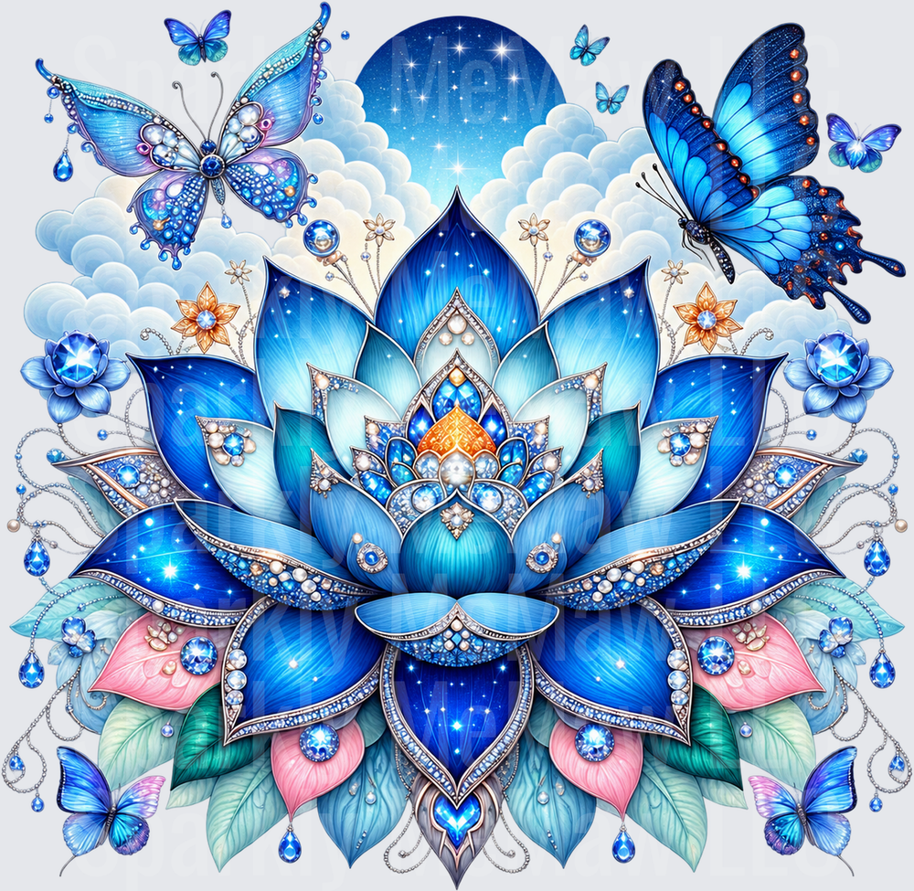 Jeweled Blue Lotus Butterfly UV DTF DECAL (HARD SMOOTH SURFACE)