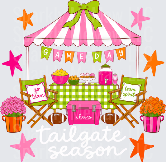 Girly Game Day Tailgate Setup Pink Green Striped Tent Footballs Cheers Cooler Go Team Spirit uv dtf decal