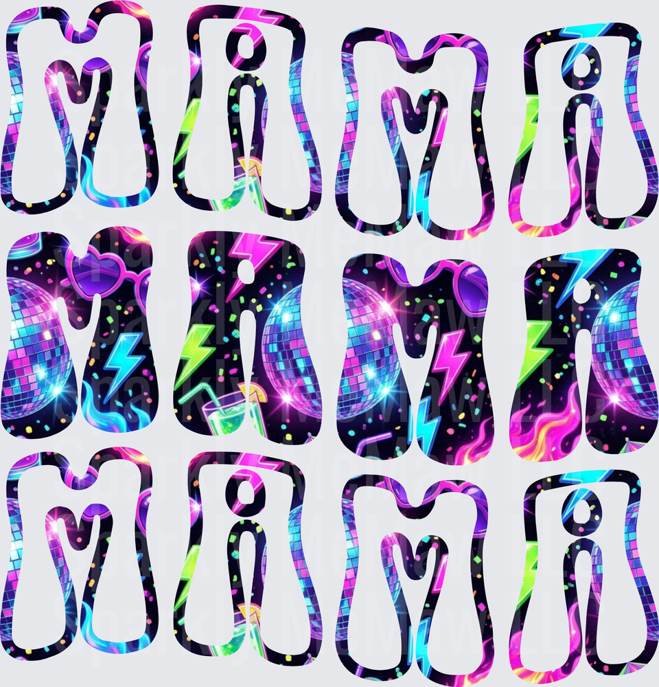 Retro 80s Disco MAMA Text with Neon Colors Lightning Bolts and Disco Balls DTF Transfer for Fabric