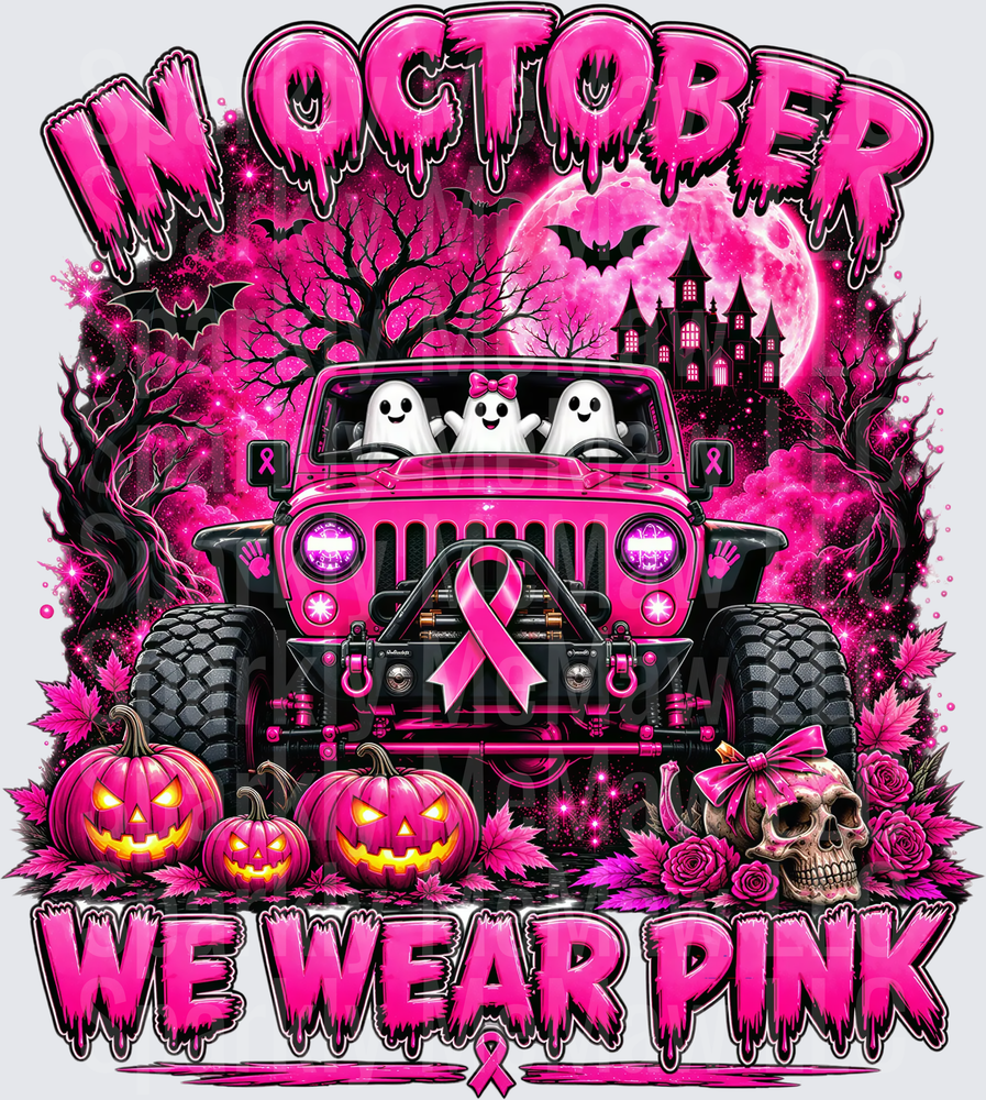 In October We Wear Pink Halloween Jeep Breast Cancer Awareness UV Decal Decal