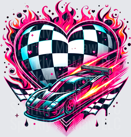 Racing Heart with Checkered Flag and Speed Car UV DTF Decal
