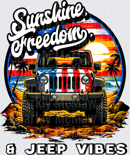 Sunshine Freedom Jeep Wrangler Beach Sunset Patriotic American Flag UV DTF Decal
