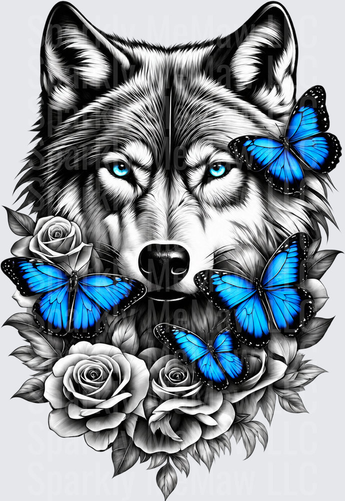 Majestic Wolf Blue Butterflies Roses UV DTF Decal