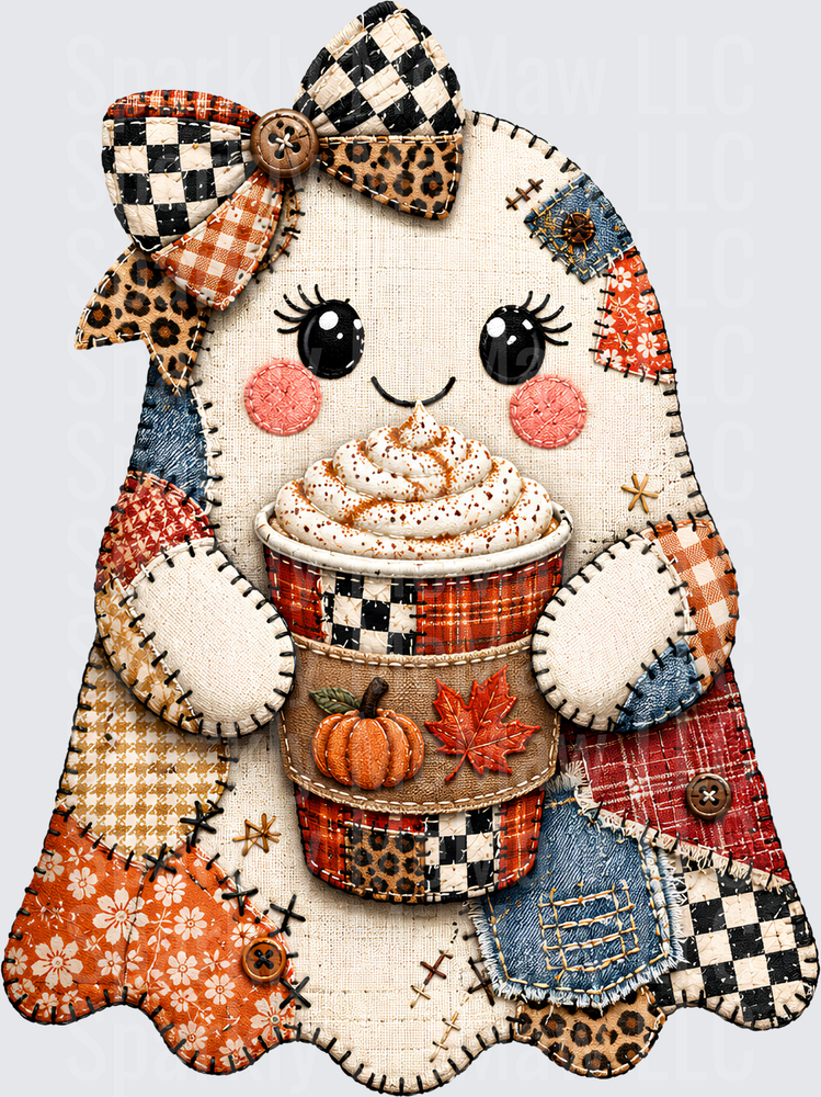 Patchwork Ghost Pumpkin Spice Latte is a UV DTF Decal