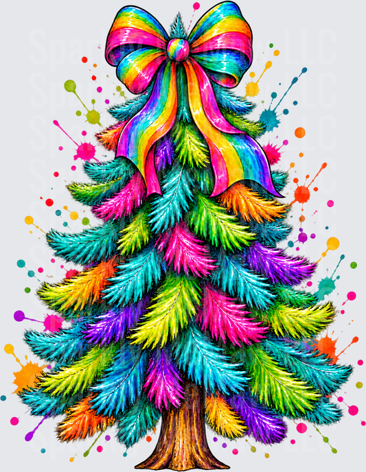 Rainbow Christmas Tree with Bow DTF Transfer for Fabrics