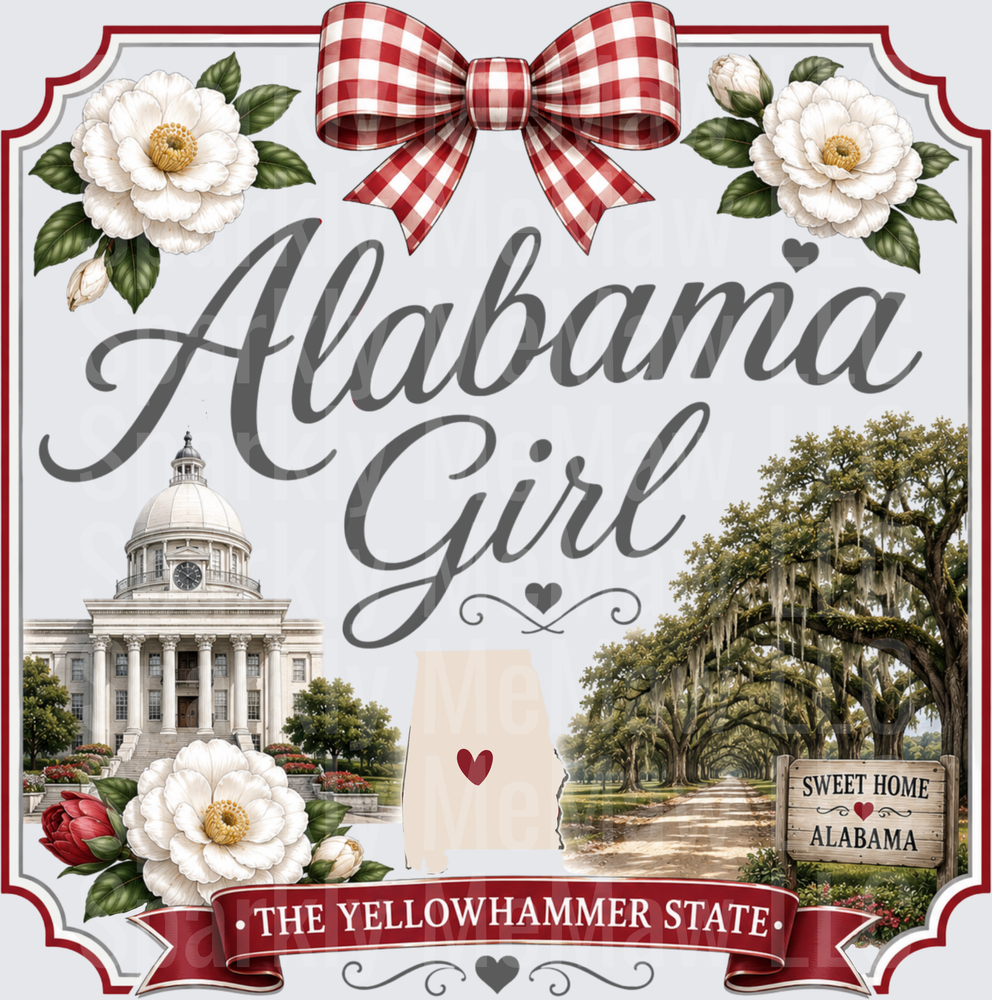 Alabama Girl The Yellowhammer State DTF Transfer for Fabrics with Red Buffalo Plaid Bow White Magnolias State Capitol Sweet Home Alabama Sign and Oak Tree Lane