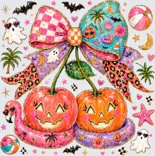 Spooky Coquette Halloween Cherry Jack-O-Lanterns with Bows Bats Ghosts and Tropical Beach Vibes DTF Transfer for Fabrics