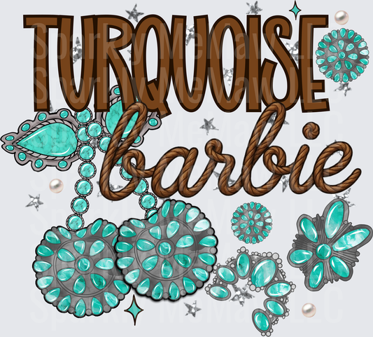 Turquoise Barbie Brown and Teal Southwestern Jewelry Design DTF Transfer for Fabric