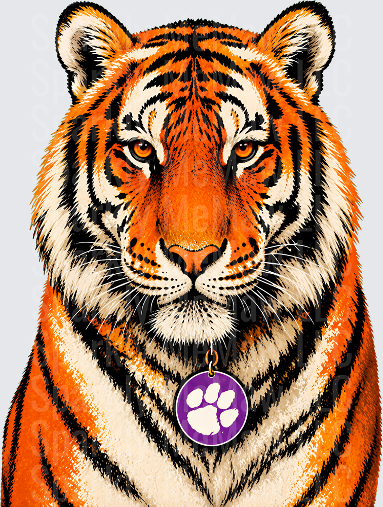 Clemson Tigers Fierce Tiger Portrait with Purple Paw Print Tag UV DTF Decal