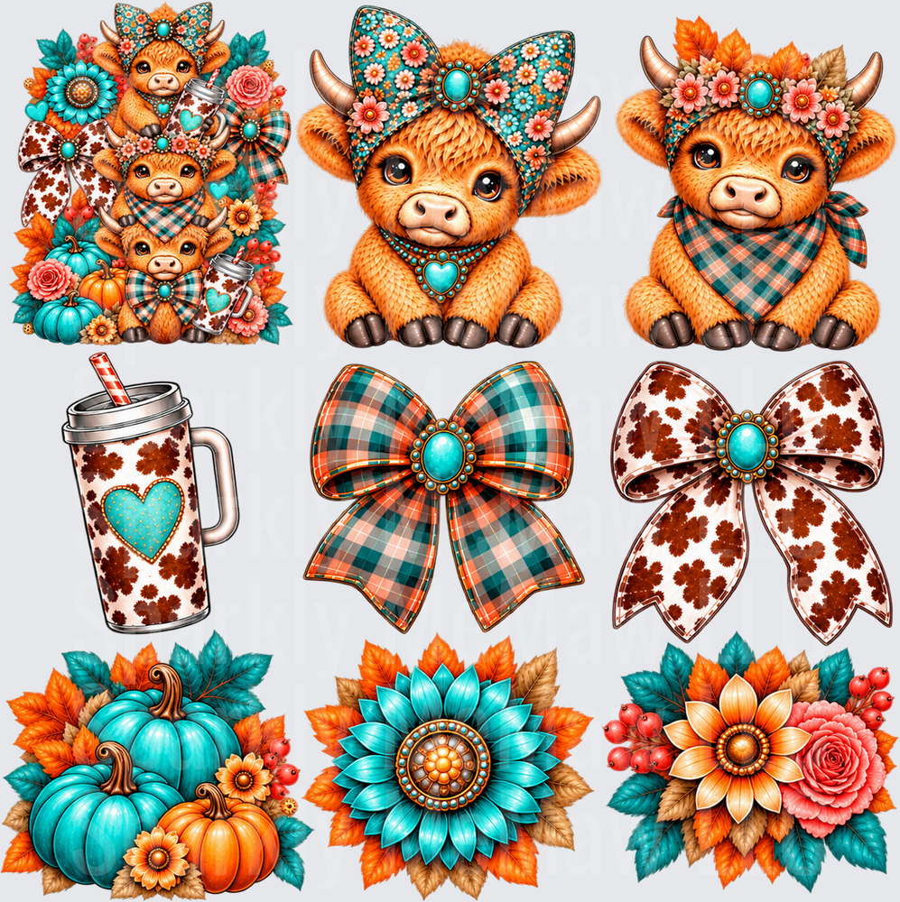 Boho Highland Cow Fall Sheet this is a 10 inch cut and stick UV Decal Sheet