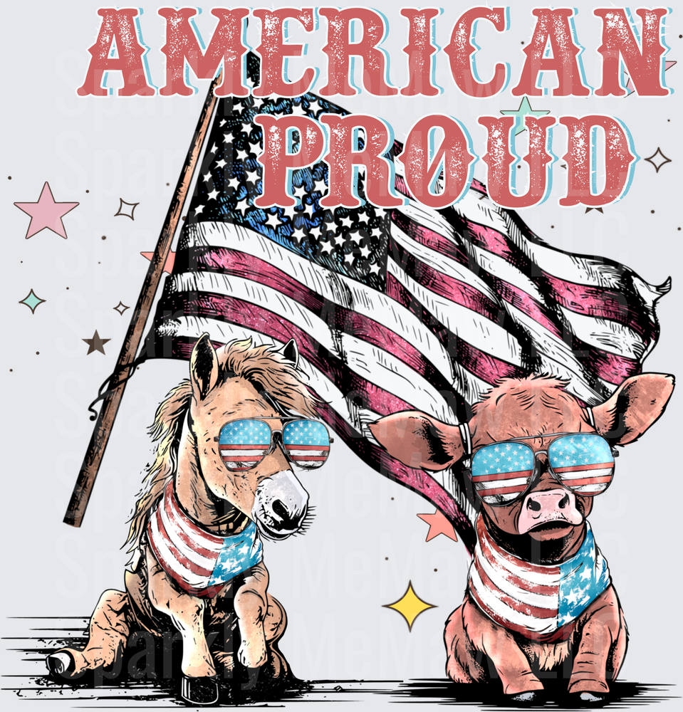 American Proud Horse and Pig with Flag and Patriotic Sunglasses UV DTF Decal