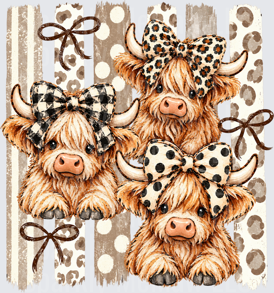 Three Cute Highland Cows Bows is a DTF Transfer for Fabrics