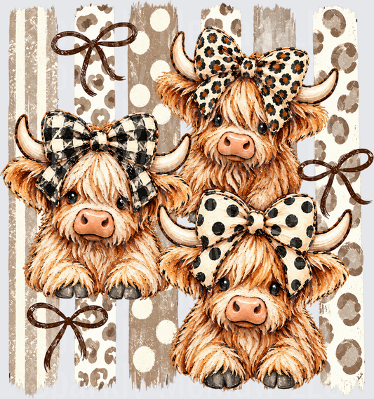 Three Cute Highland Cows Bows is a DTF Transfer for Fabrics