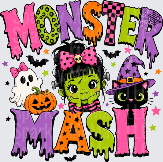 Monster Mash Cute Frankenstein Girl Black Cat Ghost Pumpkin Halloween UV DTF Decal
