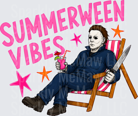 Summerween Vibes Michael Myers Relaxing in Beach Chair with Tropical Drink and Knife DTF Transfer for fabrics