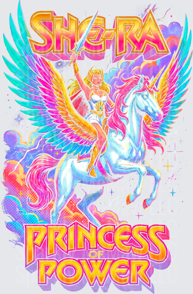 She-Ra Princess of Power Riding Swift Wind Winged Unicorn Retro Rainbow DTF Transfer for Fabrics