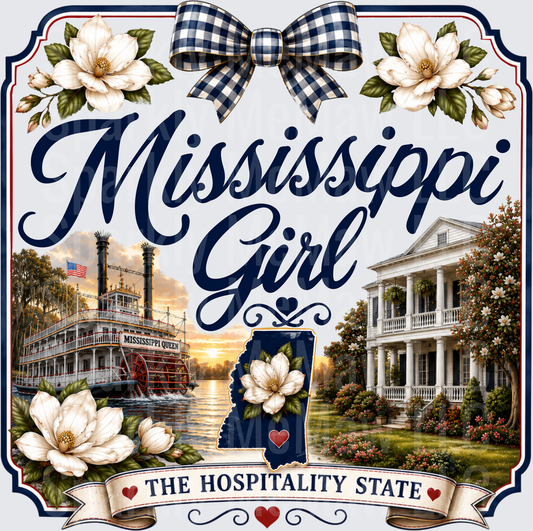 Mississippi Girl The Hospitality State DTF Transfer for Fabrics with Magnolia Flowers Navy Buffalo Plaid Bow Mississippi Queen Steamboat Southern Plantation Home and State Silhouette