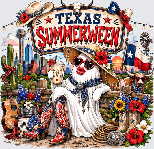 Texas Summerween Ghost in Cowboy Hat with Heart Sunglasses and Western Boots DTF Transfer