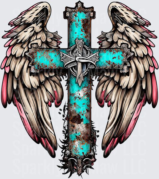 Turquoise Rustic Cross Angel Wings DTF Transfer for Fabrics