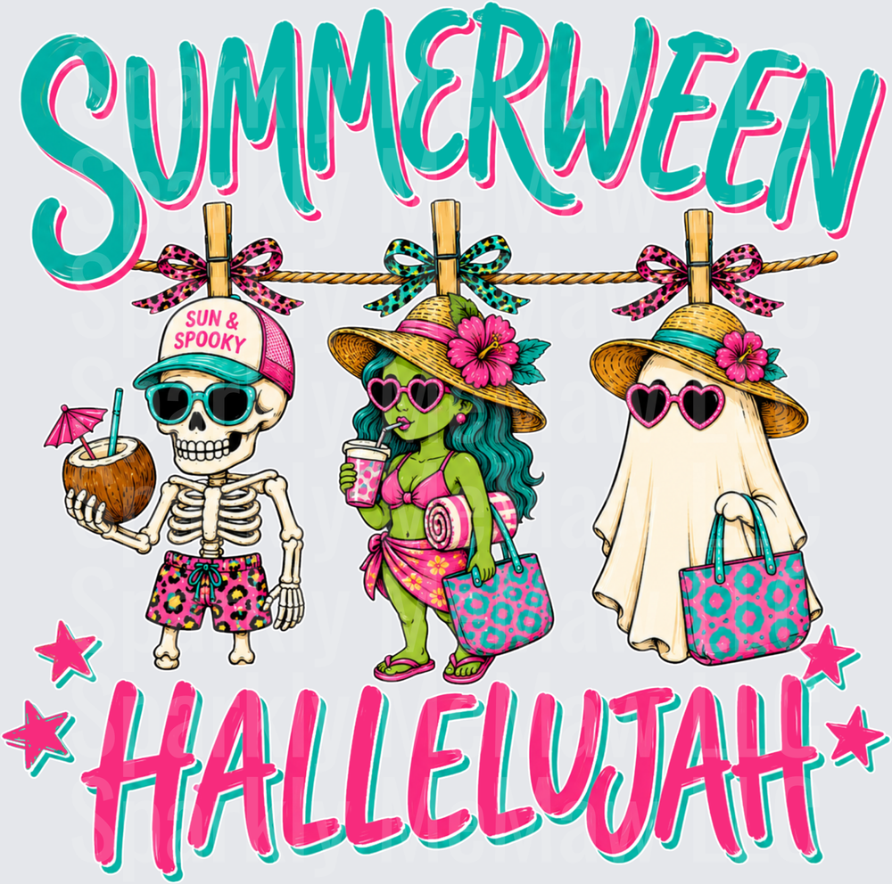 Summerween Hallelujah Skeleton Ghost and Witch Beach Vacation DTF Transfer