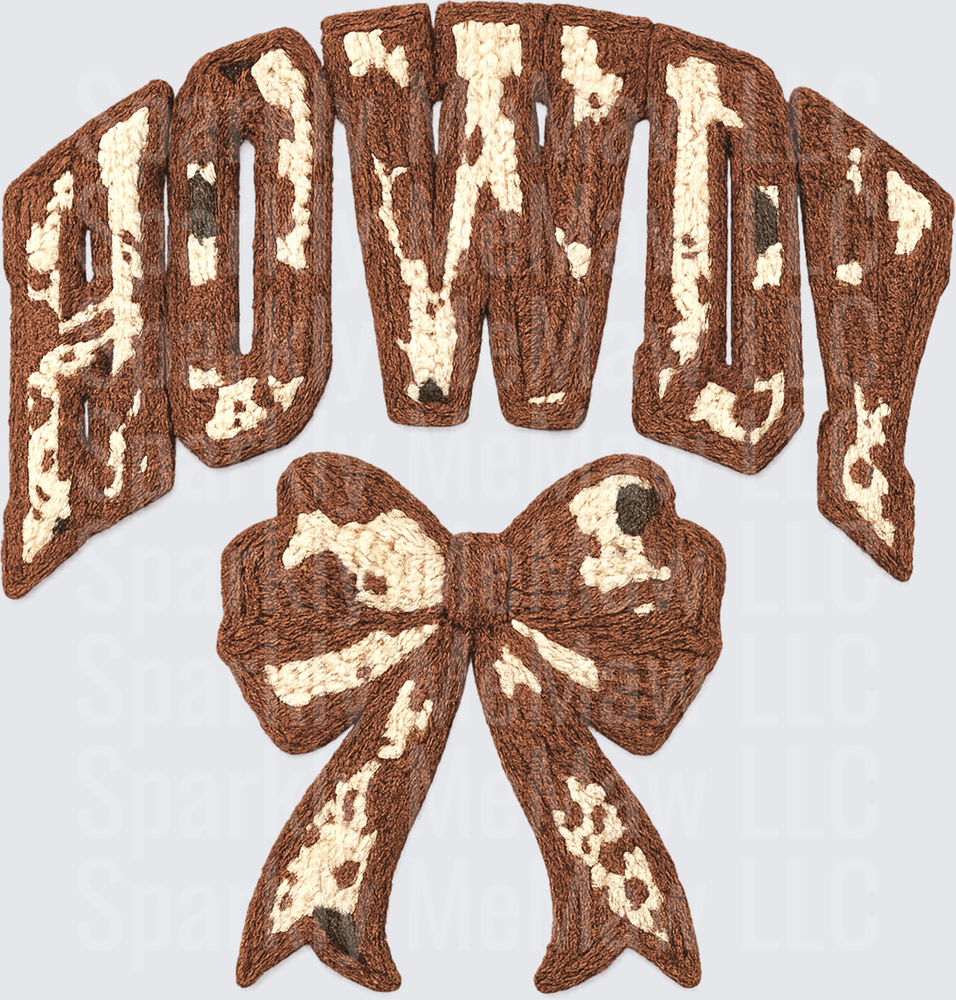 Howdy Cow Print Embroidery Style Lettering with Bow DTF Transfer for Fabrics