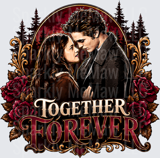 Twilight Bella and Edward Together Forever Romantic Gothic Rose Forest Oval Frame DTF Transfer for fabrics