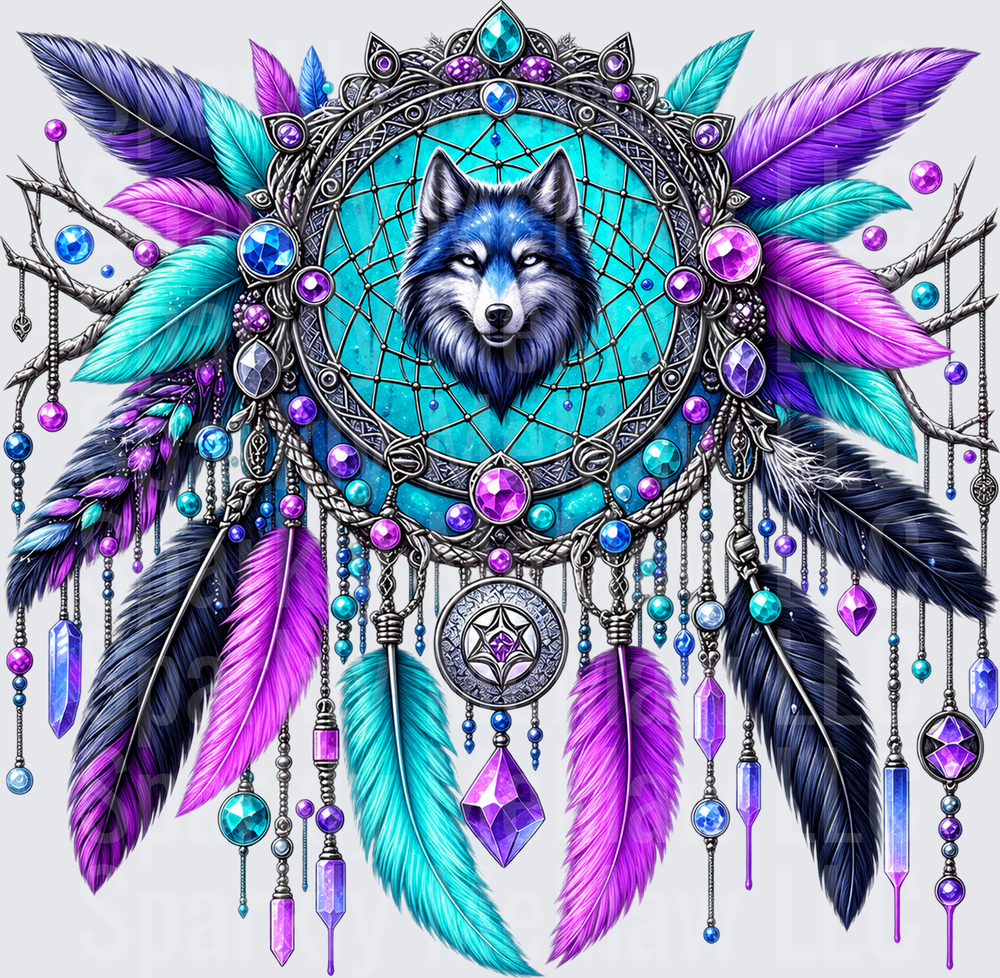 Wolf Dream Catcher Crystal Jewels DTF Transfer for Fabrics